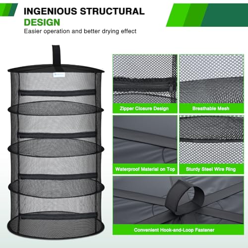 4 Layer Herb Drying Rack Hanging Mesh Net Foldable Plant Drying Racks 18" Diameter with Black Zipper & Hook Dryer Hanging Rack for Herbs Seed Bud Fruit Clothes Grow Tent Closets Garden Outdoor
