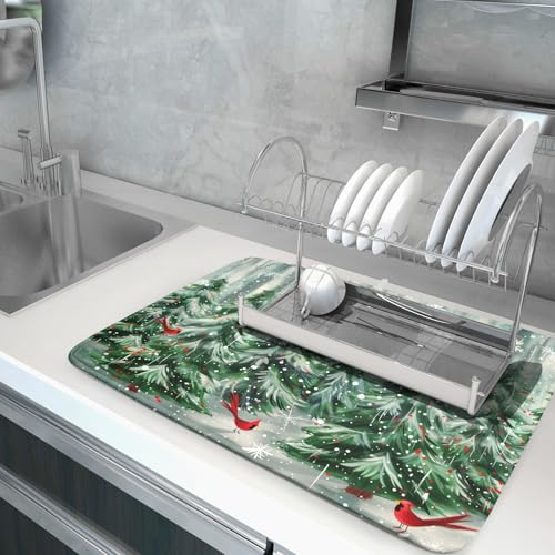 Winter Pine Tree Dish Drying Mat Red Bird Berry Dishes Drainer Mats Absorbent Microfiber Kitchen Counter Protector Drying Mats 18x24 Inch (Winter Pine Tree / 18" x 24")