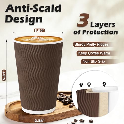 90 Pack 16 oz Disposable Paper Coffee Cups Insulated Brown (Brown / 16 oz)