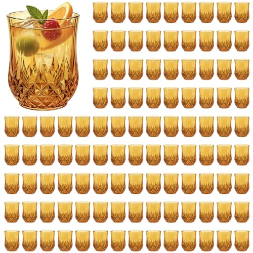 100 Pack Plastic Stemless Wine Glasses (Amber)