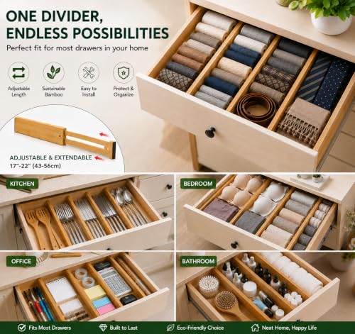 Kitchen Drawer Dividers 6 Pack Bamboo Drawer Organizers (6 Count)