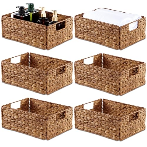 Woven Water Hyacinth Storage Baskets with Handles (Brown / Rectangular Basket_Pack 6)