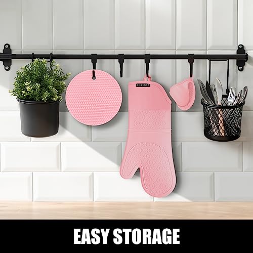 Silicone Oven Mitts and Pot Holders Sets (Pink)