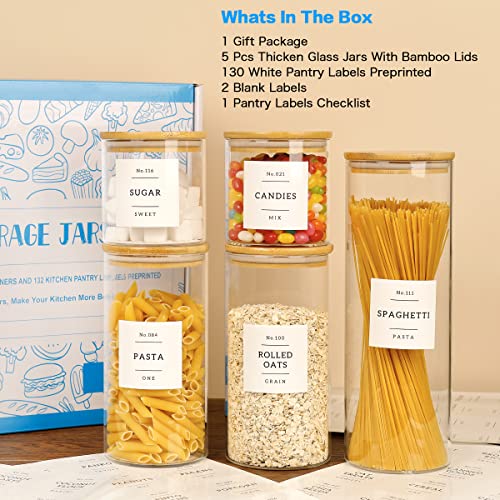 5 Pcs Glass Food Storage Containers With 132 Pantry Labels Preprinted (roud5)