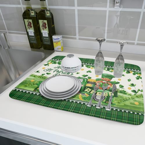 Shamrock Truck Dish Drying Mat Buffalo Check Dish Drainer Mat 18x24 inch Reversible Microfiber Quick Dry Rack Pad for Kitchen Counter Sink (Shamrock Truck Plaid / 18" x 18")