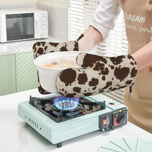 Brown Cowhide Oven Mitts and Pot Holders Sets Silicone Brown Cow Print Kitchen Mitts Cowhide Skin Pattern Potholders Heat Resistant 4Pcs Oven Gloves Hot Pads for Kitchen Baking Cooking (Brown Cow Print)