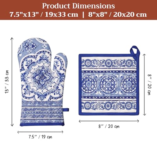 100% Cotton Oven Mitt & Pot Holder Set (014 - Melodie Bleue / 7.5" x 13" & 8" x 8" (Oven Mitt & Pot Holder))