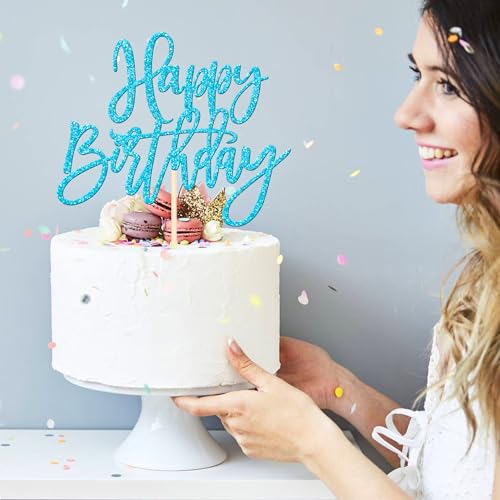1 PCS Happy Birthday Cake Topper Glitter Happy Birthday Cake Pick for Celebrating Happy Birthday Anniversary Theme Party Cake Decorations Supplies Light Blue