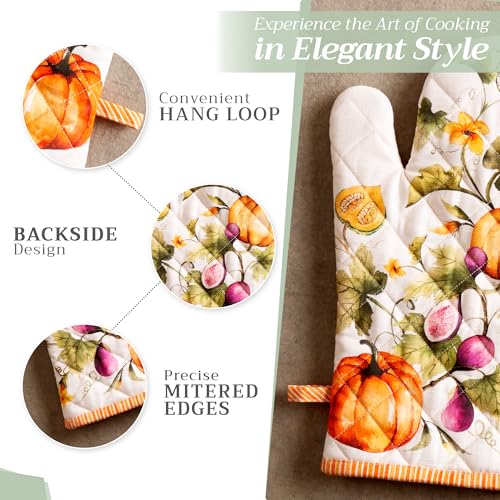Maison d'Hermine Oven Gloves 100% Cotton Oven Mitt (069 - Pumpkin Garden - Cloudy Cream / 7.5" x 13" (Oven Mitt))