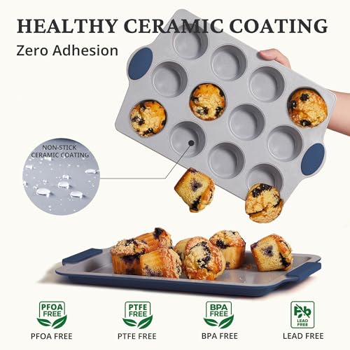 2 Pack 12 Cup and Mini 24 Cup Non Toxic Nonstick Ceramic Muffin Pan & Cupcake Tin (2 Count)
