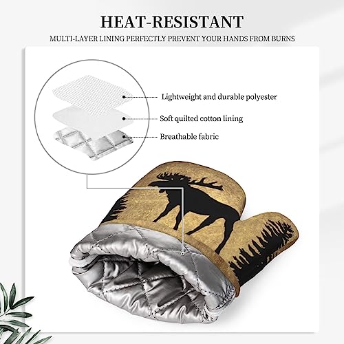 Rustic Elk Moose Deer Forest Pine Tree Moon Design Oven Mitts and Pot Holders Sets Silicone Moose Kitchen Mitts Potholders Heat Resistant 4Pcs Moose Oven Gloves Hot Pads for Kitchen (Vintage Moose)