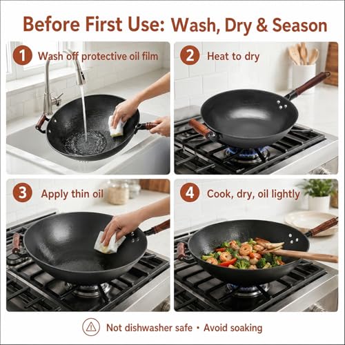 Cast Iron Wok Pan with Wooden Lid (13.4 Inch)
