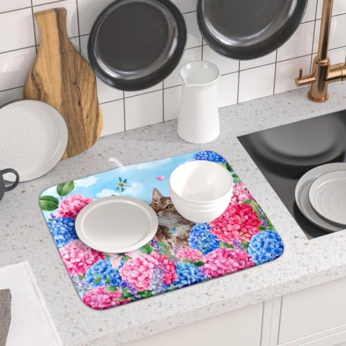 Hydrangea Floral Dish Drying Mat Cute Cat Microfiber Absorbent Dish Drying Pad for Kitchen Counter 16 X 18 (Colorful Hydrangea Cat / 18" x 16")