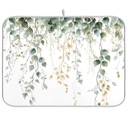 Green Sage Leaves Dish Drying Mat for Kitchen Counter Absorbent Microfiber Drying Pad (18" x 24")