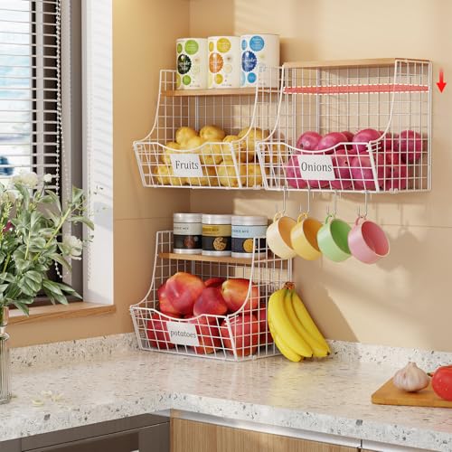 3 Pack Hanging Fruit Basket for Kitchen with Wood Lid (3pcs*11.81"*8.66"*10.63")