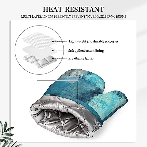 Modern Art Abstract Gery Turquoise Oven Mitts and Pot Holders Sets Silicone Turquoise Kitchen Mitts Potholders Heat Resistant 4Pcs Teal Oven Gloves Hot Pads for Kitchen Baking Cooking BBQ (Teal Abstract)