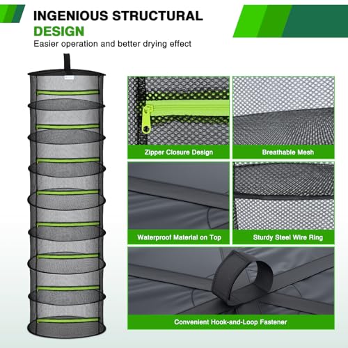 8 Layer Herb Drying Rack Hanging Mesh Foldable Plant Drying Racks 24" w Green Zipper Pruning Shears Gloves Dryer Hanging Rack for Herbs Seed Bud Fruit Clothes Grow Tent Closets Garden Outdoor