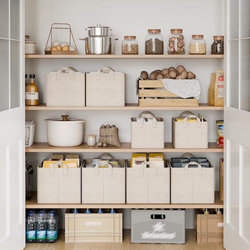 Fabric Storage Bins (Khaki and Beige Stripes / 14 ¾" L x 10 ¼" W x 8 ¼" H)