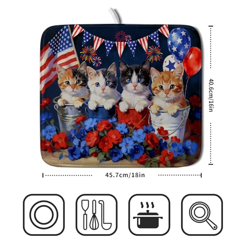 4th of July Dish Drying Mat Patriotic Cats Dish Drying Rack Mat for Kitchen Counter Small (Patriotic Cat Blue / 18" x 16")