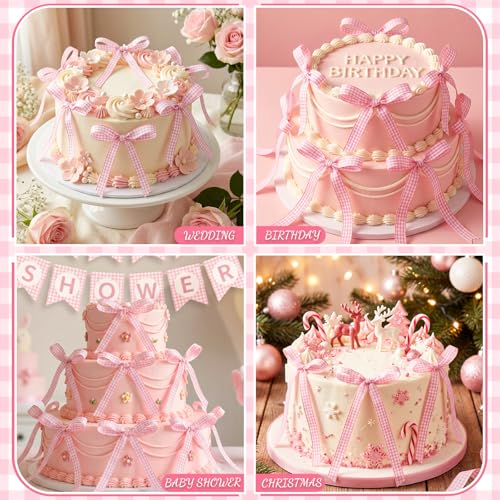 30 Pack Bow Cake Toppers Pink Gingham Ribbon Bows for Cake (Pink Gingham)