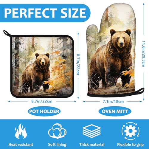 Watercolor Brown Bear Oven Mitts and Pot Holders Sets Heat Resistant 4Pcs Autumn Forest Animal Potholders Oven Gloves Hot Pads for Kitchen Baking Cooking Grilling BBQ (Watercolor Brown Bear Autumn Forest)