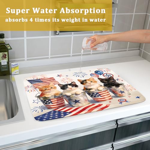 Vintage Patriotic Dish Drying Mat Cute Cats American Flag Drying Matt Kitchen Counter for Home Decor (Patriotic Cat White / 24" x 18")
