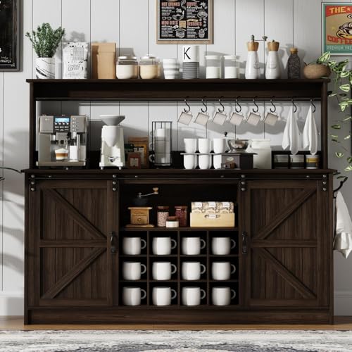 55" Farmhouse Coffee Bar Cabinet with Storage Hutch (55Inch / Dark Oak)