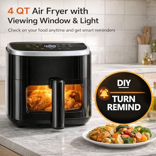 8-in-1 Air Fryer 4 Qt, Digital Preset Airfryer with Visible Window, Nonstick and Dishwasher-Safe Basket for Chips, Bake, Wings, 60-Min Timer, 1500W, Gray (Black-4 Qt / 4 Qt)