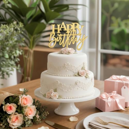 Mirror Gold Happy Birthday Cake Topper (Mirror Gold)