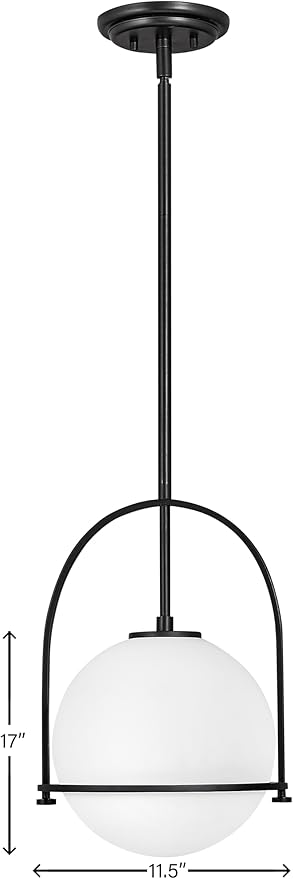 Hinkley Somerset Small Pendant Light, Etched Opal Glass Modern Globe Shade, Adjustable Height, Sloped Ceiling Compatible, Vintage-Inspired Metal Yoke Frame, Dry Rated, Black Finish