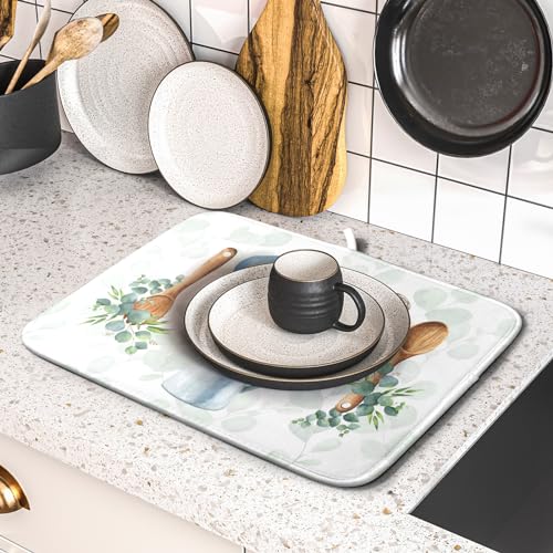 Sage Green Dish Drying Mat for Kitchen Counter (cooking supplies / 16" x 18")