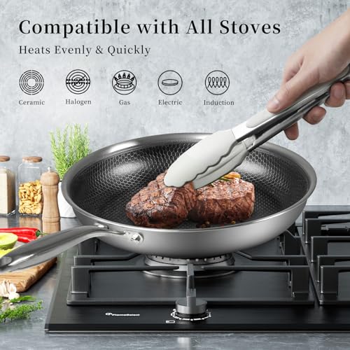 Stainless Steel Frying Pan Nonstick Frying Pan with Lid 10 Inch Honeycomb Stainless Steel Skillet Woks Pan for Gas Electric Induction Ceramic Stoves and Oven (10 Inch With Lid)
