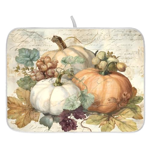 Autumn Pumpkin Fall Leaves Thanksgiving Dish Drying Mat for Kitchen Counter Absorbent Microfiber Large Drying Pad Dish Mats for Kitchen Countertops 18 x 24 Inch (24" x 18")