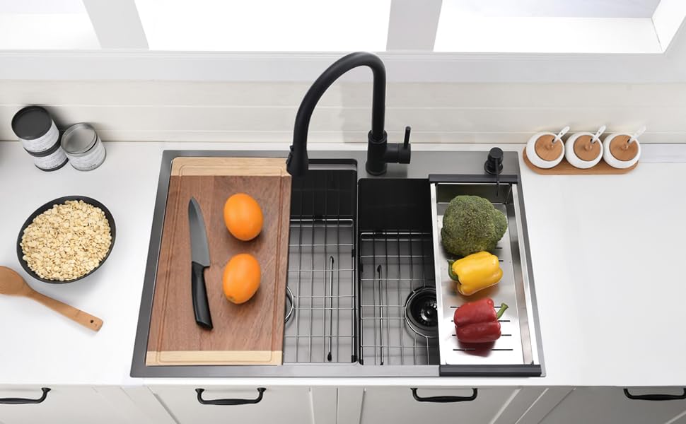 33 Inch Black Drop In Double Bowl Kitchen Sink (Black / double bowl‎)