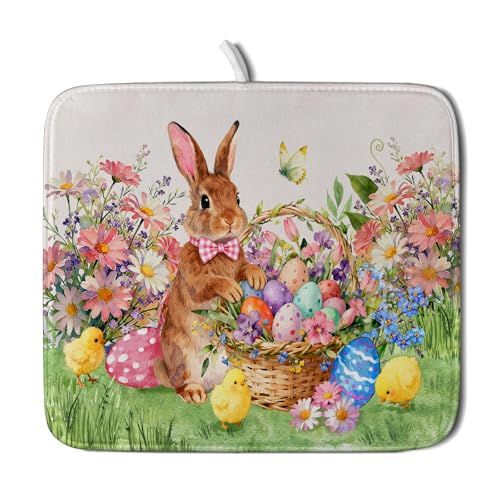 Spring Easter Dish Drying Mat for Kitchen Counter Colorful Egg Holiday Decoration Cloth Dish Mats Small (Colorful Easter Bunny / 18" x 16")