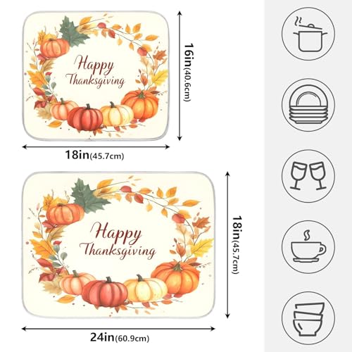 Pumpkin Happy Thanksgiving Dish Drying Mat for Kitchen Counter Absorbent Microfiber Small Drying Pad Dish mats for Kitchen Countertops 16 x 18 Inch (Thanksgiving Happy / 18" x 16")