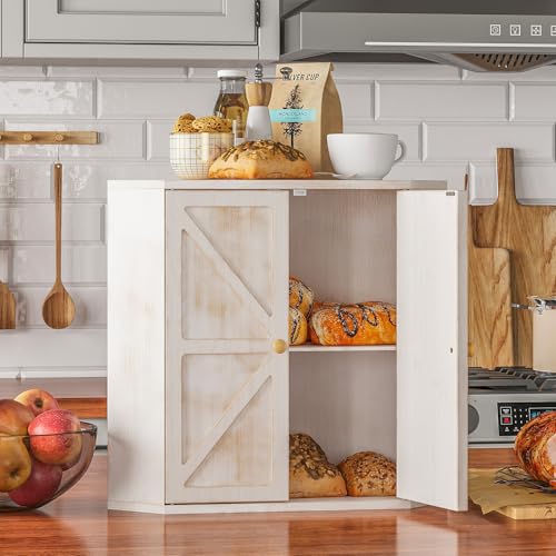 Corner Bread Box for Kitchen Counter Double Layer Bamboo Bread Storage Container Large Capacity Bread Storage Bin Farmhouse Breadbox Organizer (Antique White)