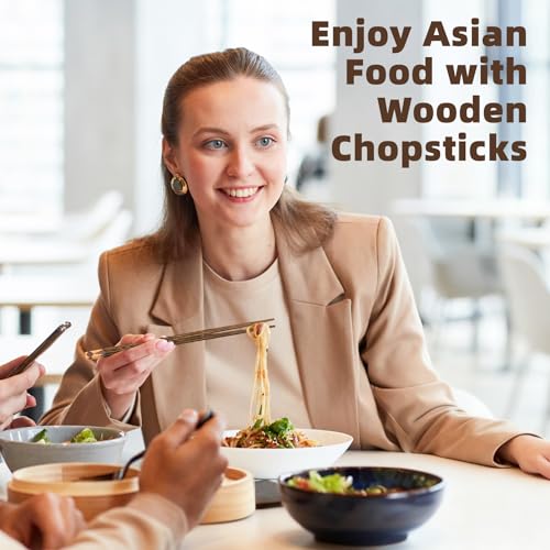 5 Pairs Wooden Chopsticks Reusable Classic Japanese Style Chop Sticks Dishwasher Safe Hand (Natural Wood - Geometric Patterns)