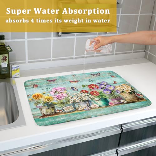 Spring Floral Rustic Dish Drying Mat for Kitchen Counter Absorbent Microfiber Large Drying Pad 18 x 24 Inch Flowers Jars (Green Flowers Jars / 24" x 18")