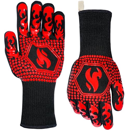 BBQ Gloves Oven Gloves 1472℉ Extreme Heat Resistant (Red / One Size Fits Most(Long Cuff))