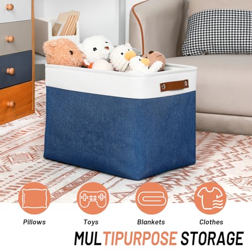 Large Storage Baskets with Leather Handles for Linen Closet and Home Office (White&Blue / XL-16"x 12"x12")