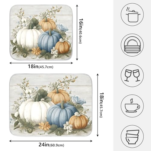 Fall Blue Orange Grey Pumpkin Thanksgiving Dish Drying Mat for Kitchen Counter Absorbent Microfiber Small Drying Pad Dish Mats for Kitchen Countertops 16 x 18 Inch (18" x 16")