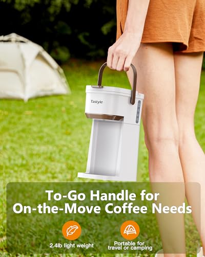 Mini Single Serve Coffee Maker for K Cups and Grounds with Handle (White and Brown)