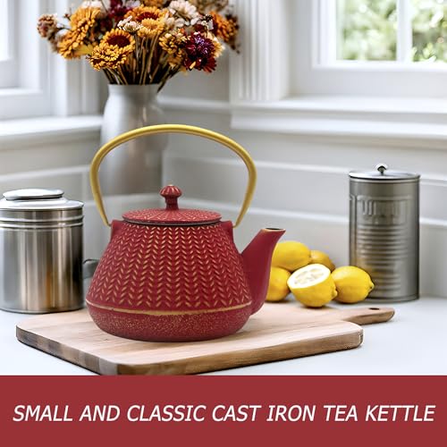 Small Cast Iron Tea Kettle for Stovetop Safe (Red, 1000ml/34oz)