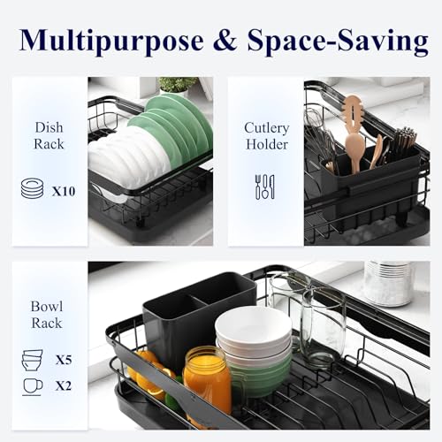 Dish Drying Rack for Kitchen Counter (Black / 12.2''W x 15.7''~23''L - 1 Tier)
