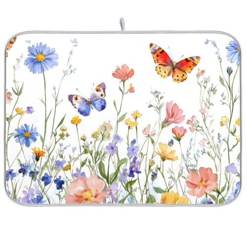 Wildflowers Butterfly Dish Drying Mat for Kitchen Counter Absorbent Microfiber Drying Pad (16" x 18")