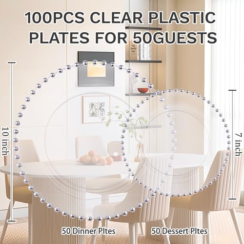 100PCS Clear Plastic Plates with Silver Beads for Bridal Showers (Silver and Clear Plastic Plates / 100PCS)