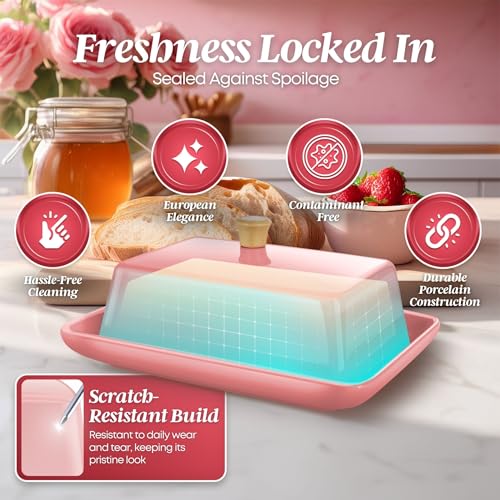 Large Ceramic Butter Dish with Lid for Countertop (Pink / Large)