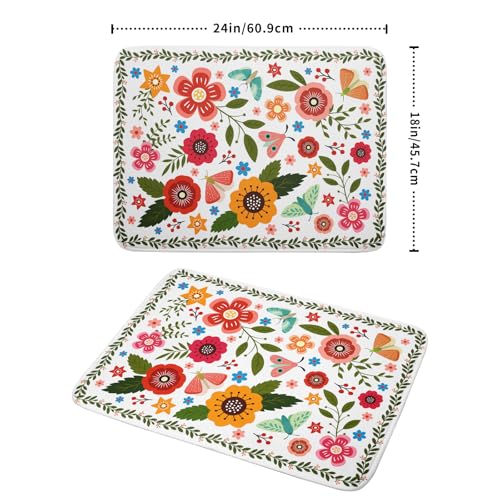 Colorful Boho Floral Dish Drying Mat 18x24 Inch Dishes Dry Pad Drainer Rack Mats Absorbent Hanging Loop Kitchen Counter Bar Accessories (White Boho Floral / 24" x 18")