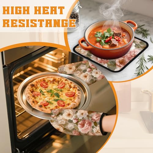 Pink Roses Oven Mitts and Pot Holders Set (4 Count)